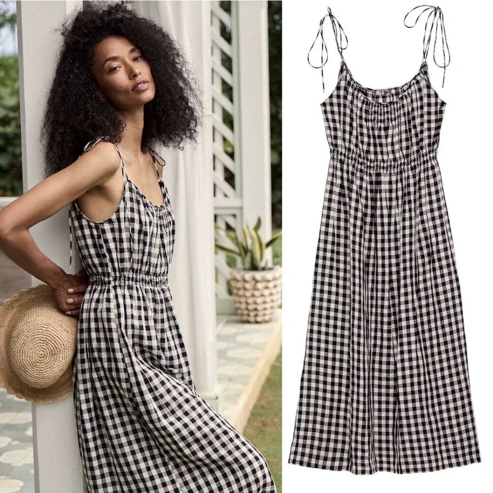 DÔEN Leslie Gingham Pleated Linen Blend Dress